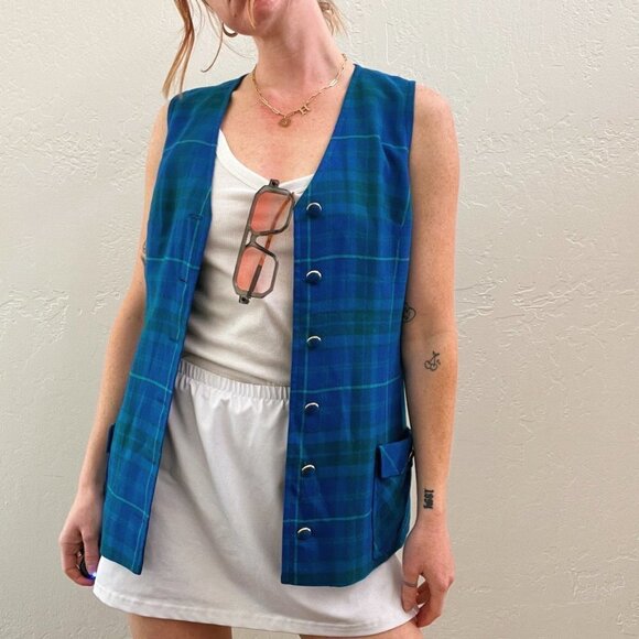 Vintage 1970's 100% Wool Blue Plaid Button Up Vest - Picture 5 of 7